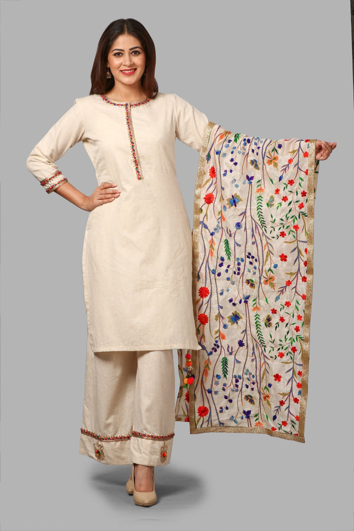 anokherang Combos Off-White Short Gotta Kurti and Floral Gotta & Pom Pom Palazzo with Silk Embroidered Dupatta
