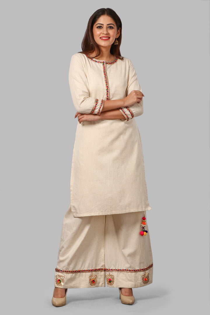 anokherang Combos Off-White Short Gotta Kurti with Floral Gotta & Pom Pom Palazzo