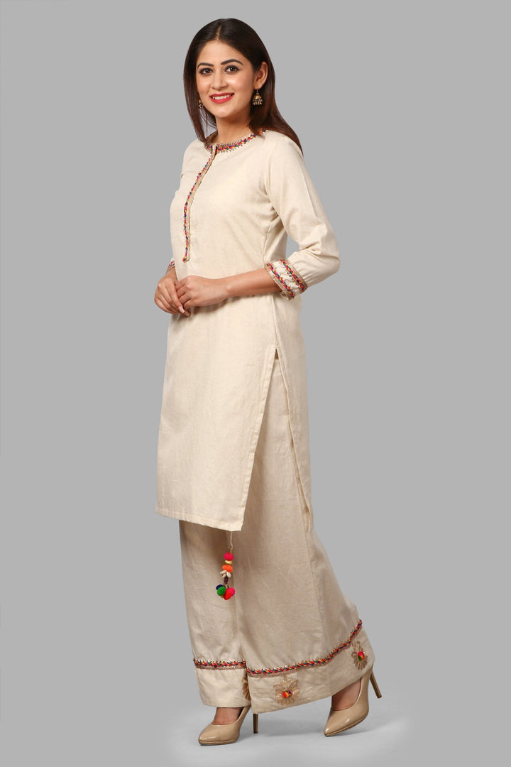 anokherang Combos Off-White Short Gotta Kurti with Floral Gotta & Pom Pom Palazzo