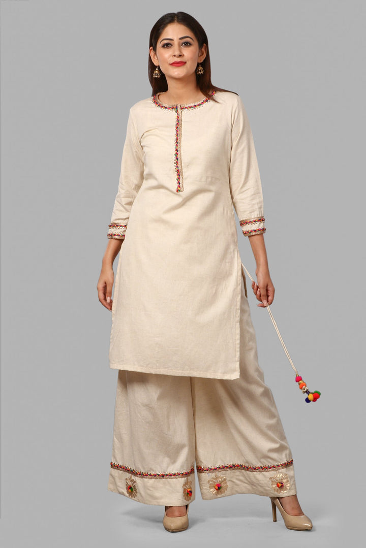 anokherang Combos Off-White Short Gotta Kurti with Floral Gotta & Pom Pom Palazzo