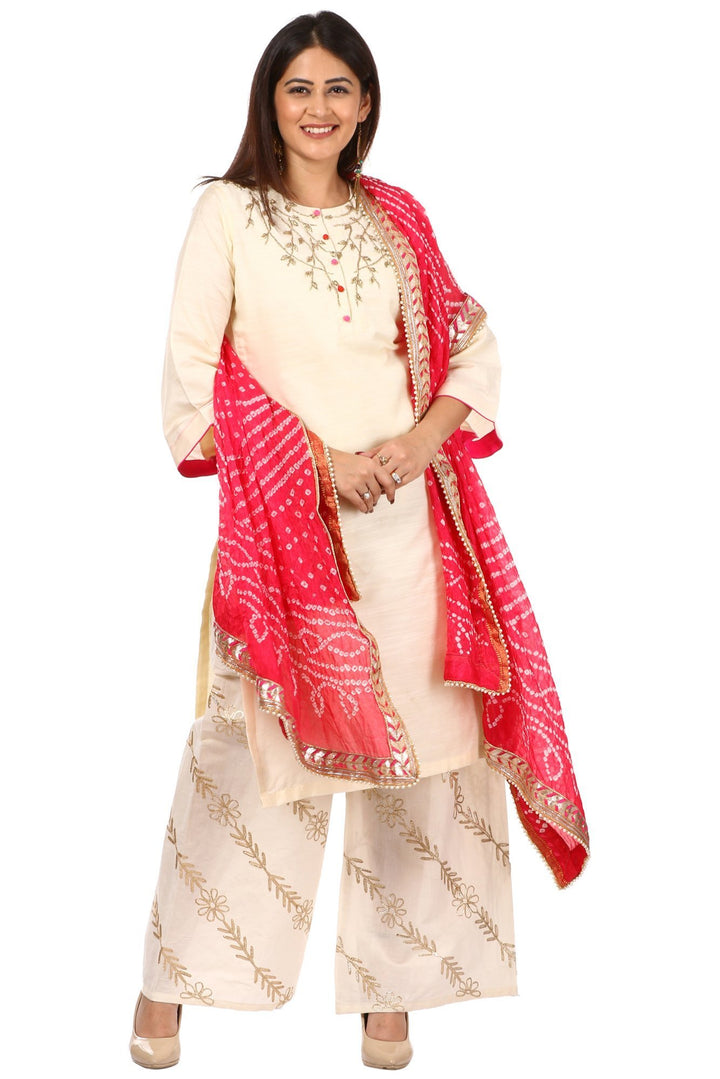 anokherang Combos Off-White Silk Embroidered Kurti and Off-White Floral Gota Palazzo with Pink Bandhni Dupatta