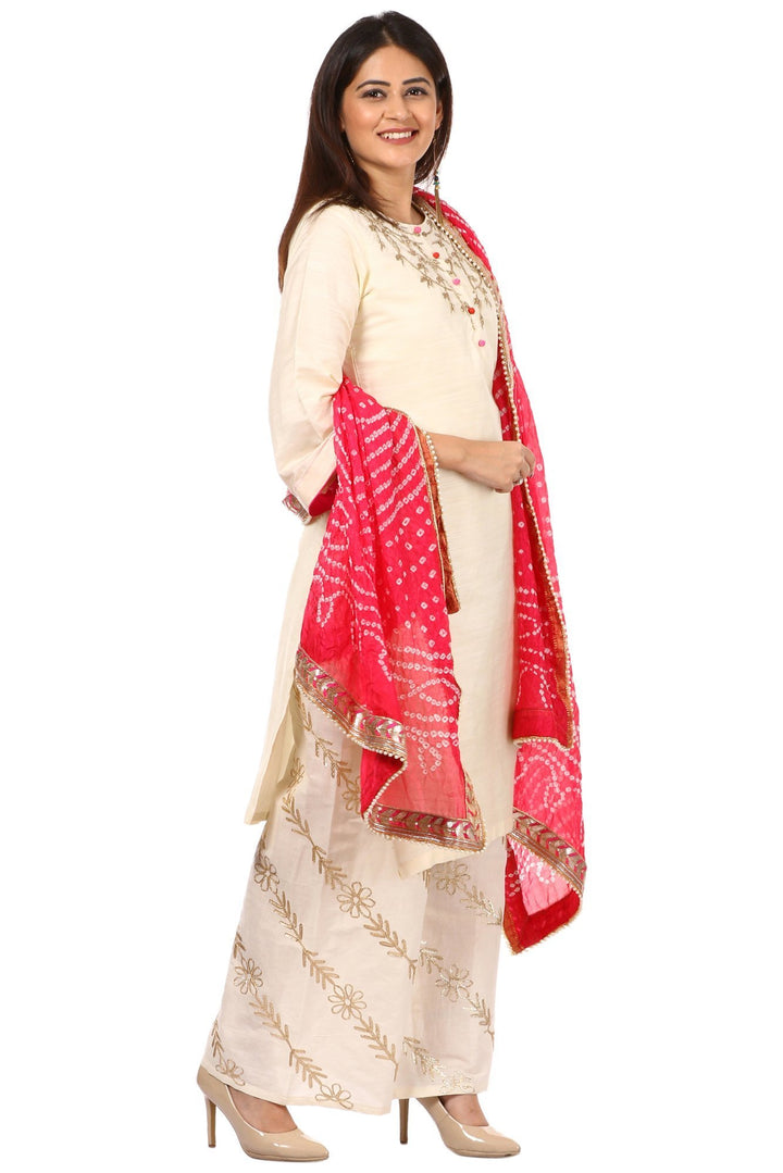 anokherang Combos Off-White Silk Embroidered Kurti and Off-White Floral Gota Palazzo with Pink Bandhni Dupatta
