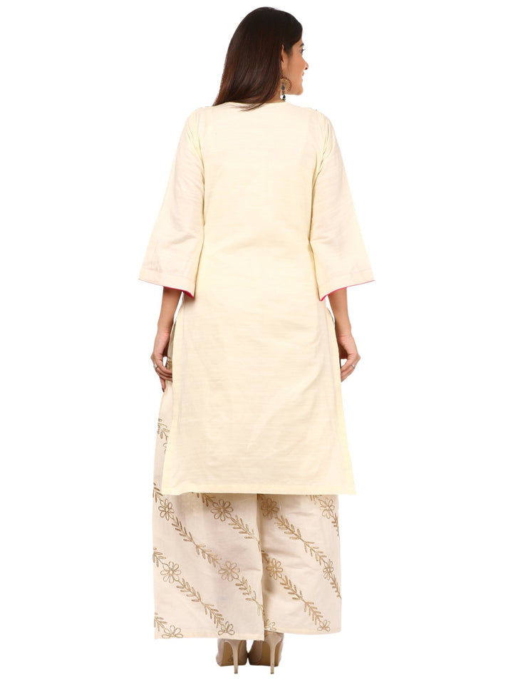 anokherang Combos Off-White Silk Embroidered Kurti and Off-White Floral Gota Palazzo with Pink Bandhni Dupatta