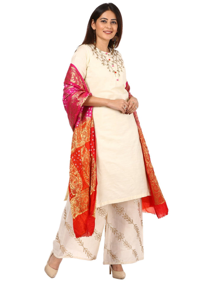 anokherang Combos Off-White Silk Embroidered Kurti and Off-White Floral Gota Palazzo with Pink & Red Bandhni Dupatta