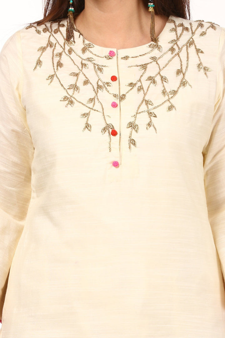 anokherang Combos Off-White Silk Embroidered Kurti and Off-White Floral Gota Palazzo with Pink & Red Bandhni Dupatta