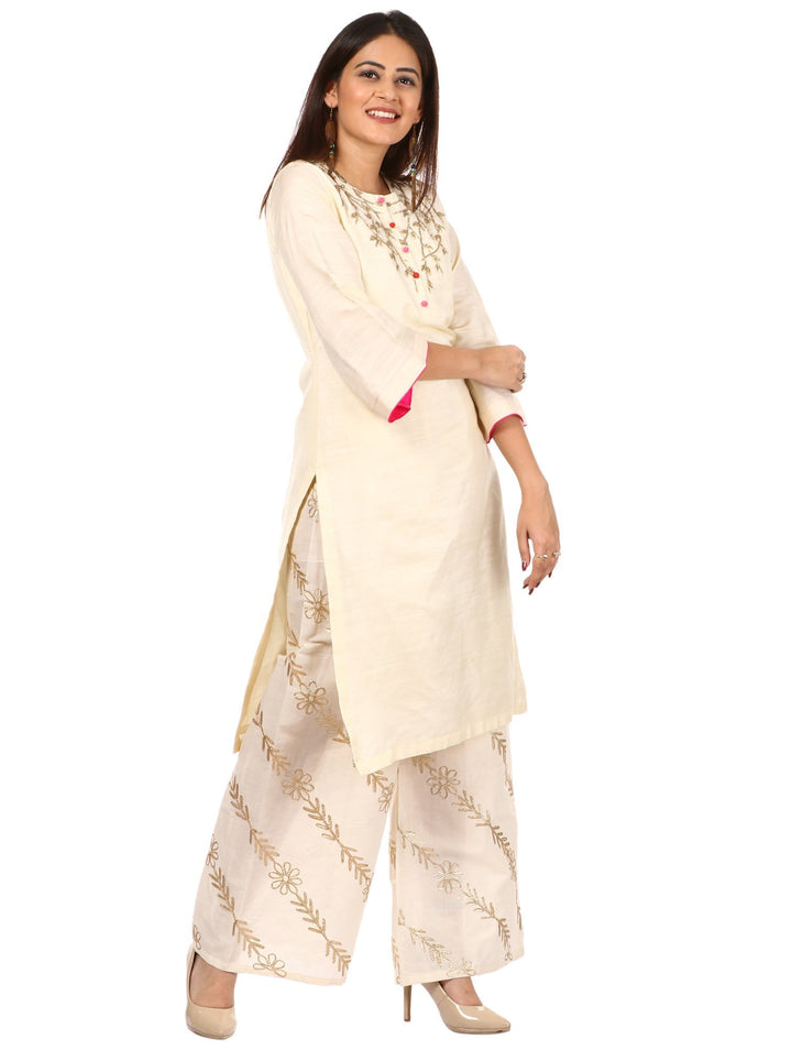 anokherang Combos Off-White Silk Embroidered Kurti with Off-White Floral Gota Palazzo