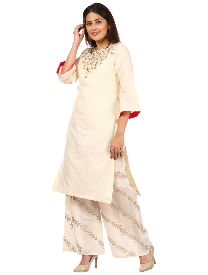anokherang Combos Off-White Silk Embroidered Kurti with Off-White Floral Gota Palazzo