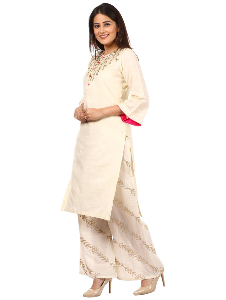 anokherang Combos Off-White Silk Embroidered Kurti with Off-White Floral Gota Palazzo