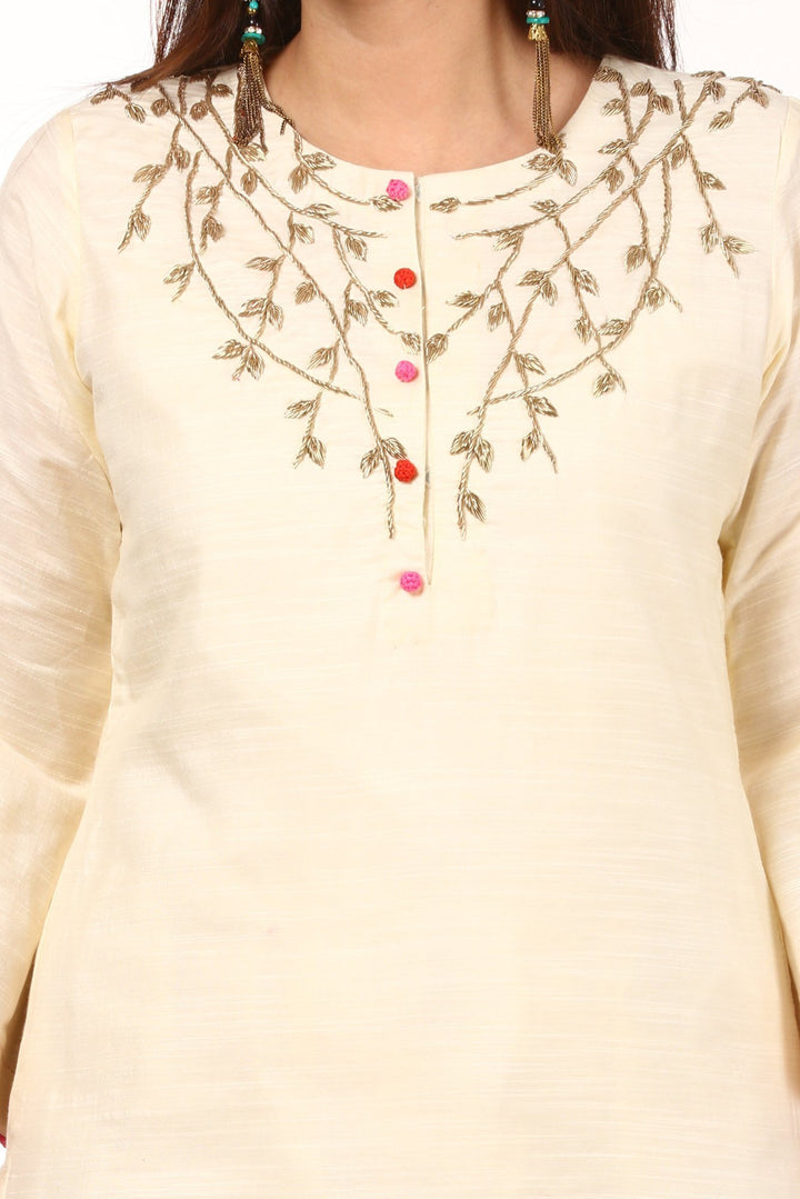 anokherang Combos Off-White Silk Embroidered Kurti with Off-White Floral Gota Palazzo