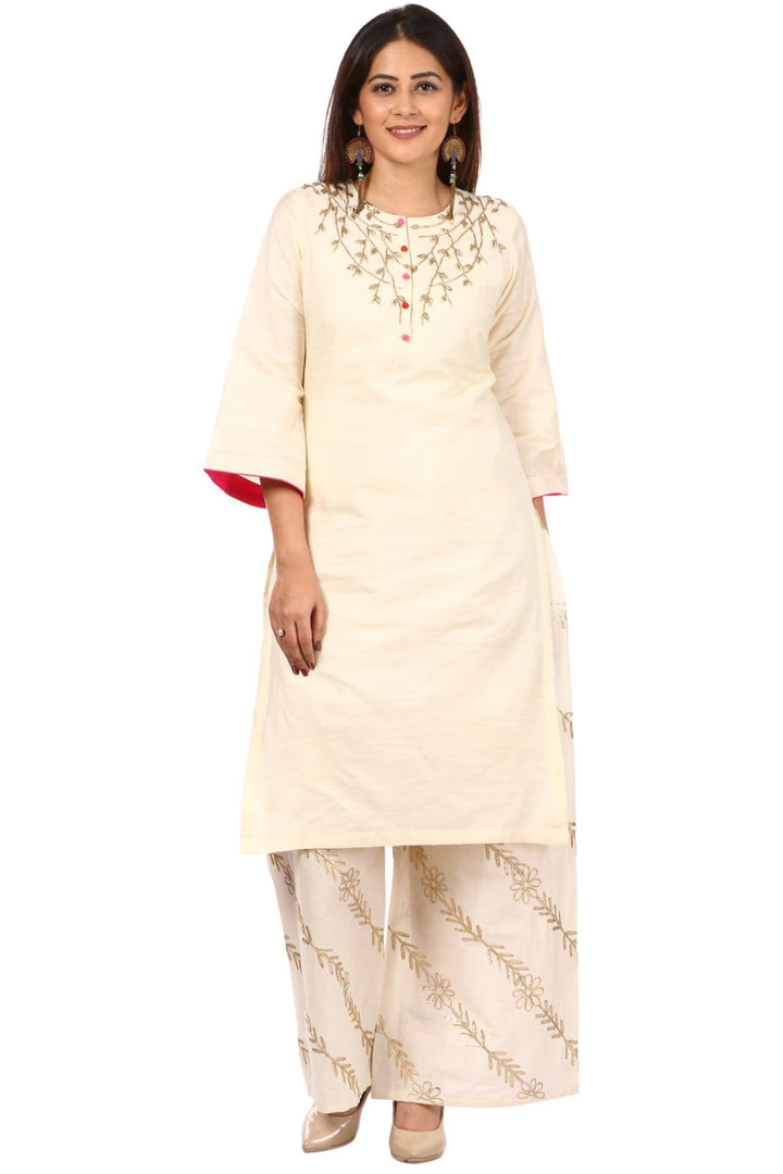 anokherang Combos Off-White Silk Embroidered Kurti with Off-White Floral Gota Palazzo