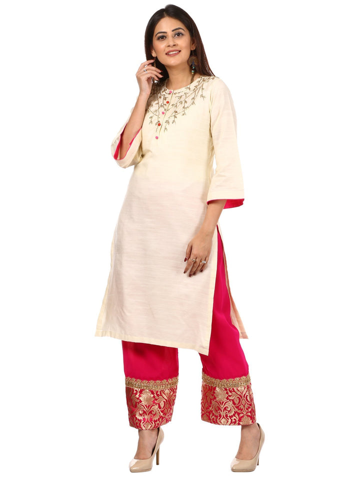 anokherang Combos Off-White Silk Embroidered Kurti with Pink Georgette Palazzo
