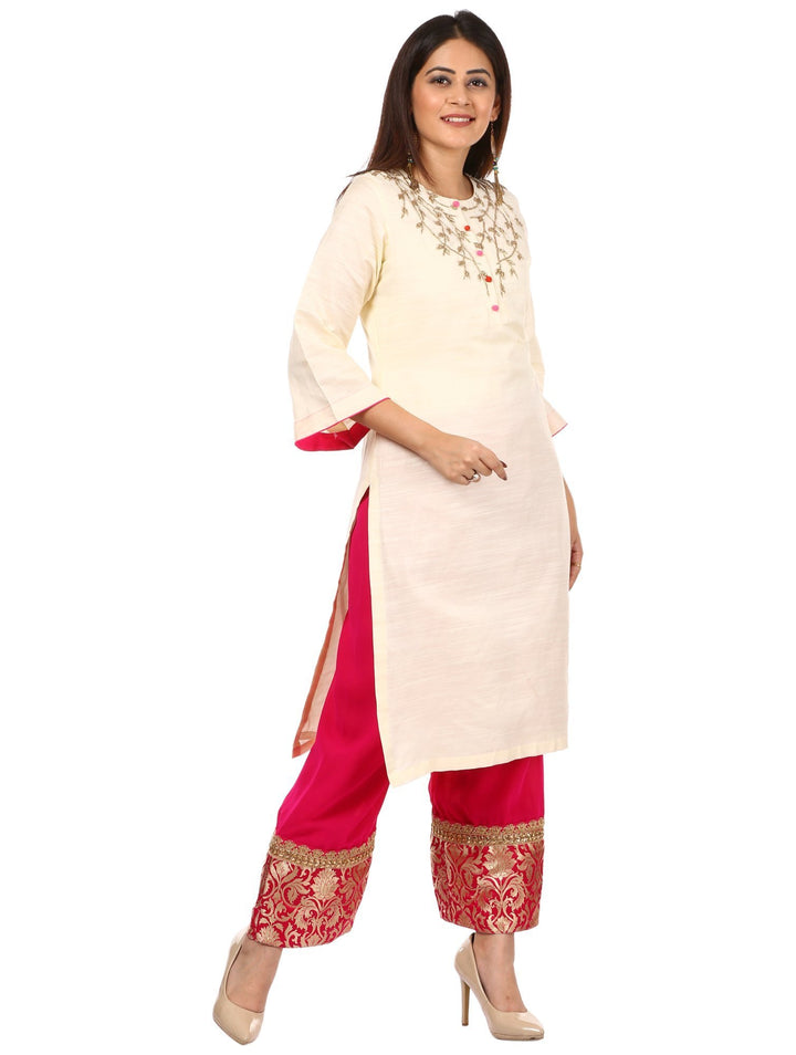 anokherang Combos Off-White Silk Embroidered Kurti with Pink Georgette Palazzo