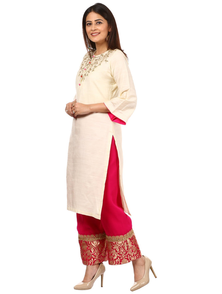 anokherang Combos Off-White Silk Embroidered Kurti with Pink Georgette Palazzo