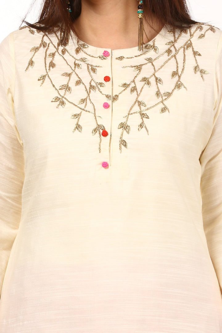 anokherang Combos Off-White Silk Embroidered Kurti with Pink Georgette Palazzo