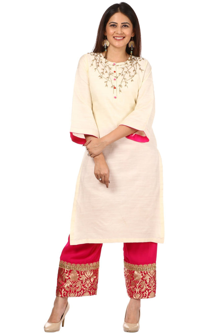 anokherang Combos Off-White Silk Embroidered Kurti with Pink Georgette Palazzo