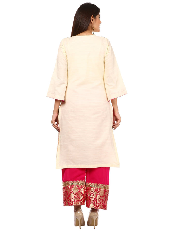 anokherang Combos Off-White Silk Embroidered Kurti with Pink Georgette Palazzo