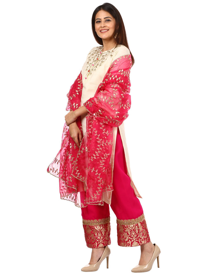 anokherang Combos Off-White Silk Embroidered Kurti with Pink Georgette Palazzo and Gotta Trails Organza Dupatta