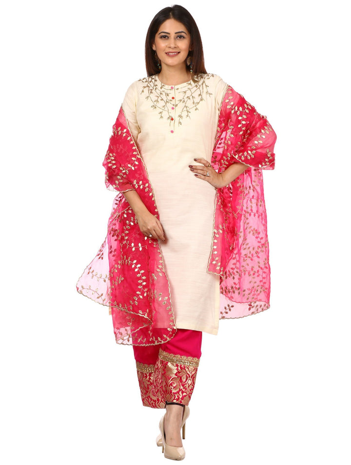 anokherang Combos Off-White Silk Embroidered Kurti with Pink Georgette Palazzo and Gotta Trails Organza Dupatta