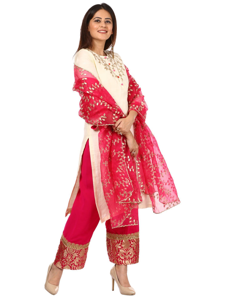 anokherang Combos Off-White Silk Embroidered Kurti with Pink Georgette Palazzo and Gotta Trails Organza Dupatta