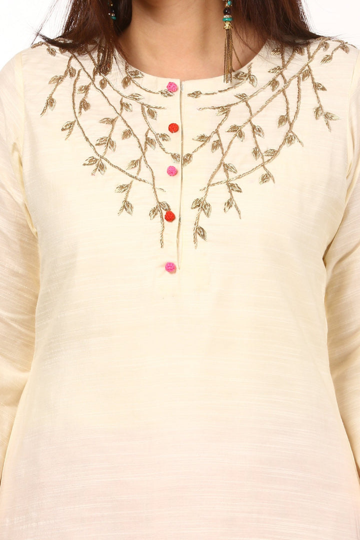 anokherang Combos Off-White Silk Embroidered Kurti with Pink Georgette Palazzo and Gotta Trails Organza Dupatta