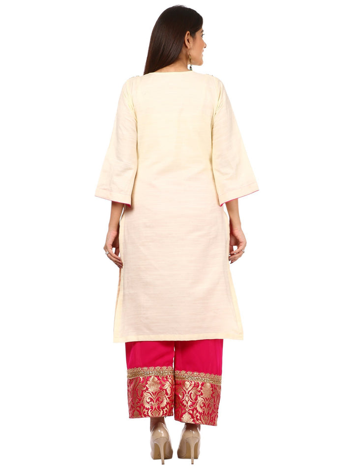 anokherang Combos Off-White Silk Embroidered Kurti with Pink Georgette Palazzo and Gotta Trails Organza Dupatta