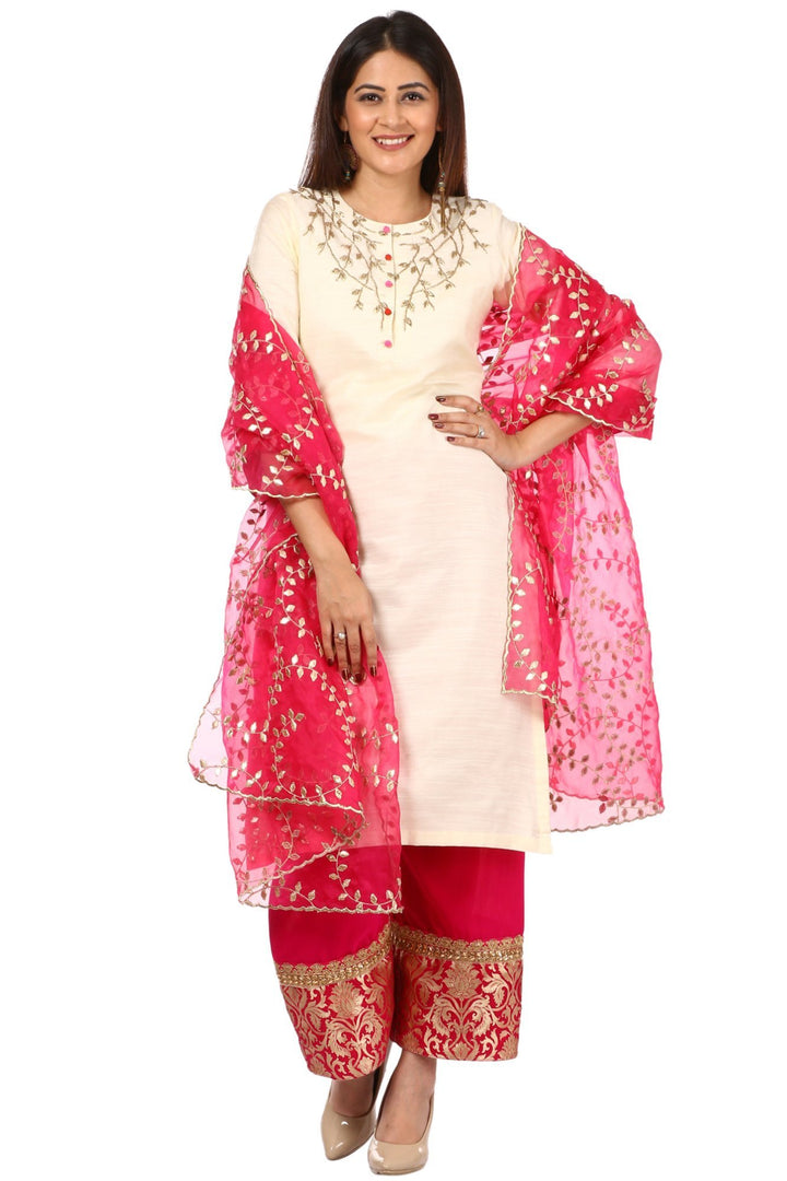 anokherang Combos Off-White Silk Embroidered Kurti with Pink Georgette Palazzo and Gotta Trails Organza Dupatta
