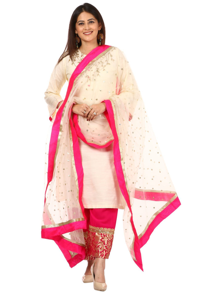 anokherang Combos Off-White Silk Embroidered Kurti with Pink Georgette Palazzo and Sequenced Dupatta