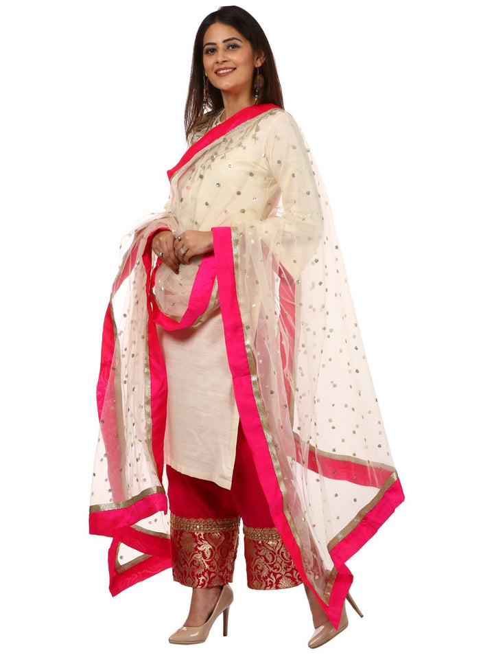 anokherang Combos Off-White Silk Embroidered Kurti with Pink Georgette Palazzo and Sequenced Dupatta