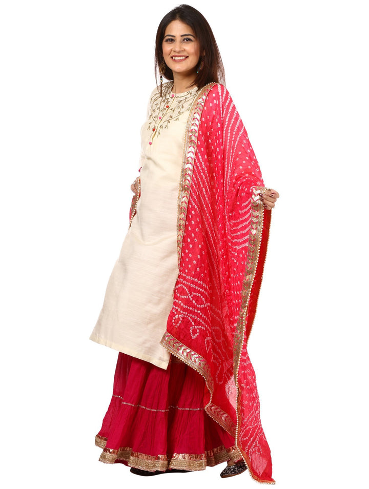 anokherang Combos Off-White Silk Embroidered Kurti with Pink Gota Gathered Sharara and Bandhni Dupatta