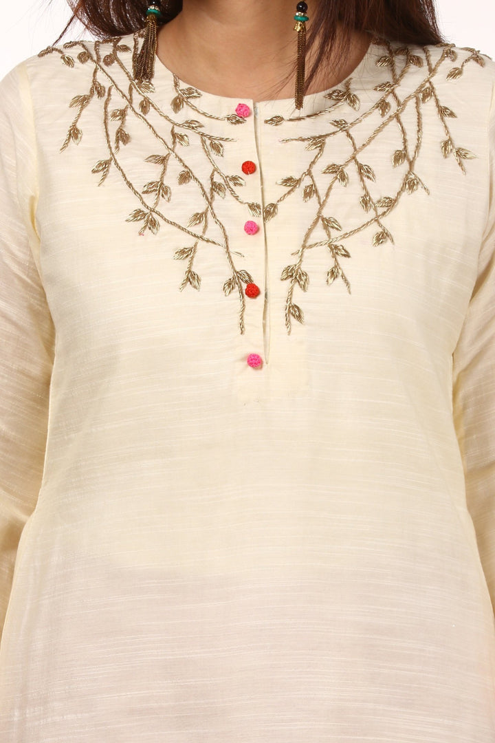 anokherang Combos Off-White Silk Embroidered Kurti with Pink Gota Gathered Sharara and Bandhni Dupatta