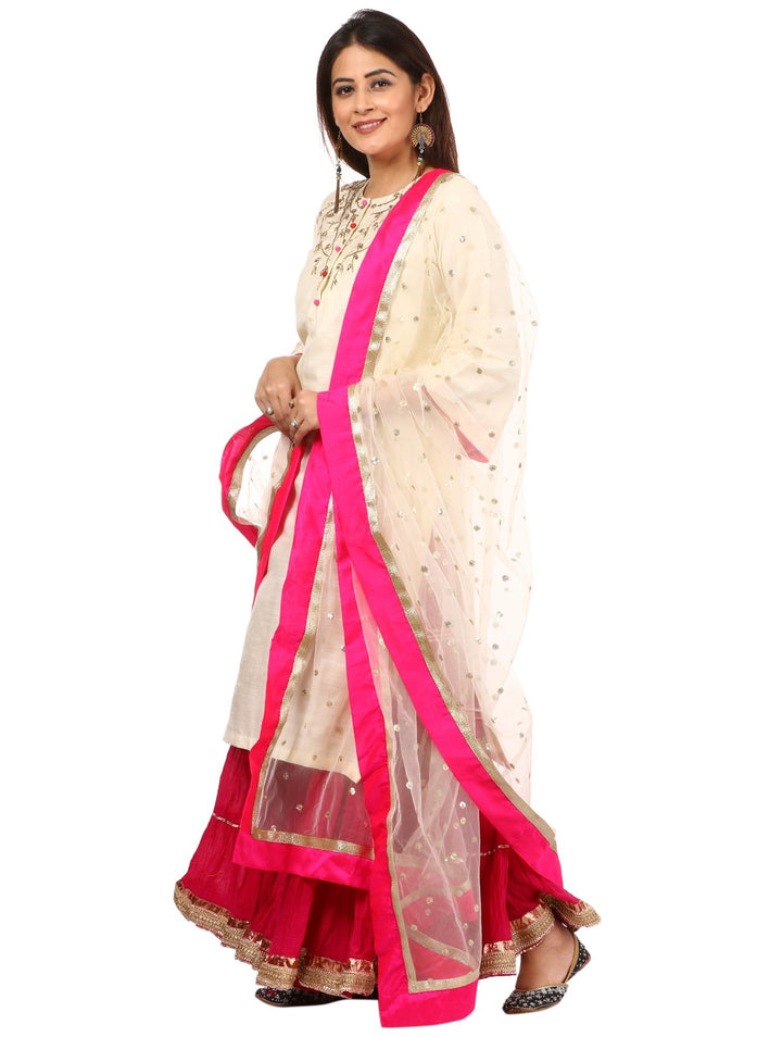 anokherang Combos Off-White Silk Embroidered Kurti with Pink Gota Gathered Sharara and Sequenced Dupatta