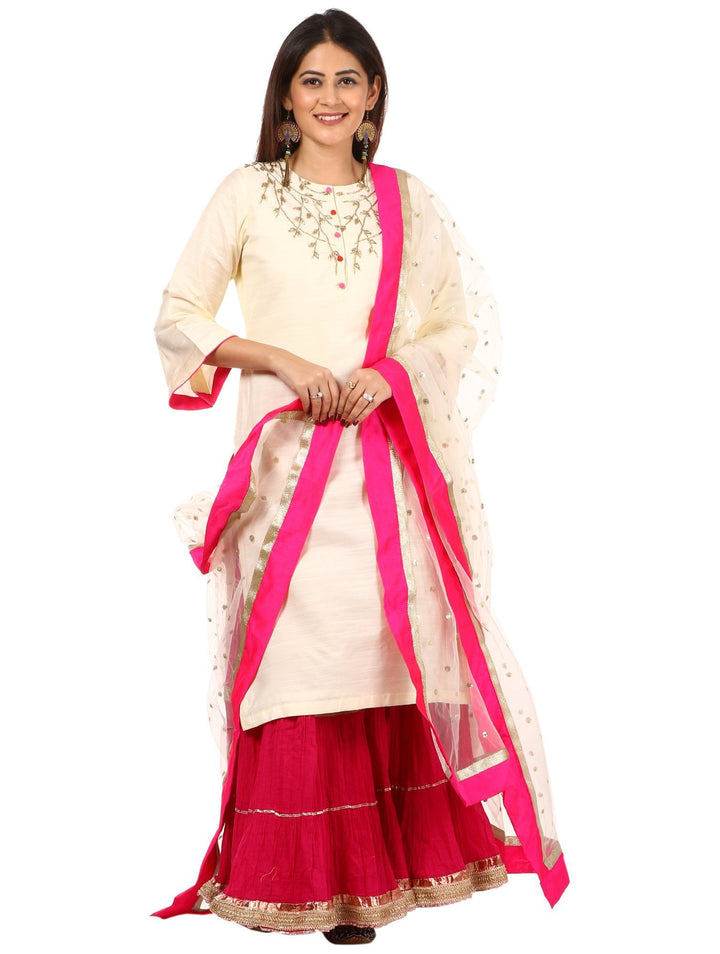 anokherang Combos Off-White Silk Embroidered Kurti with Pink Gota Gathered Sharara and Sequenced Dupatta