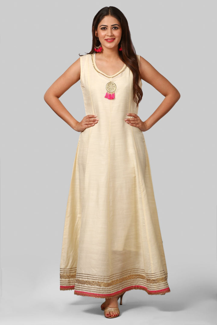 anokherang Combos Off-White Silk Gotta Floor Length Kurti