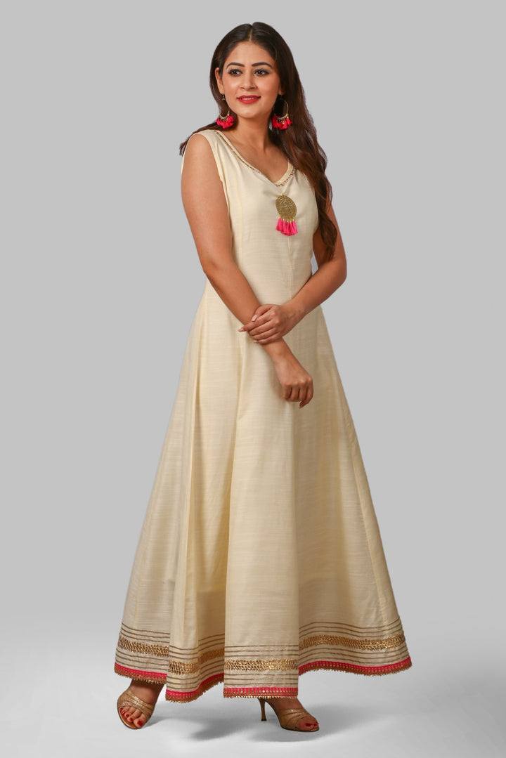anokherang Combos Off-White Silk Gotta Floor Length Kurti