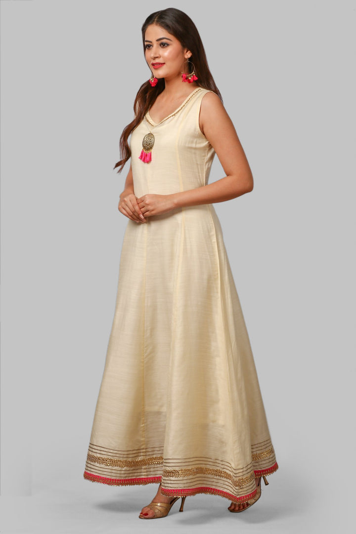 anokherang Combos Off-White Silk Gotta Floor Length Kurti