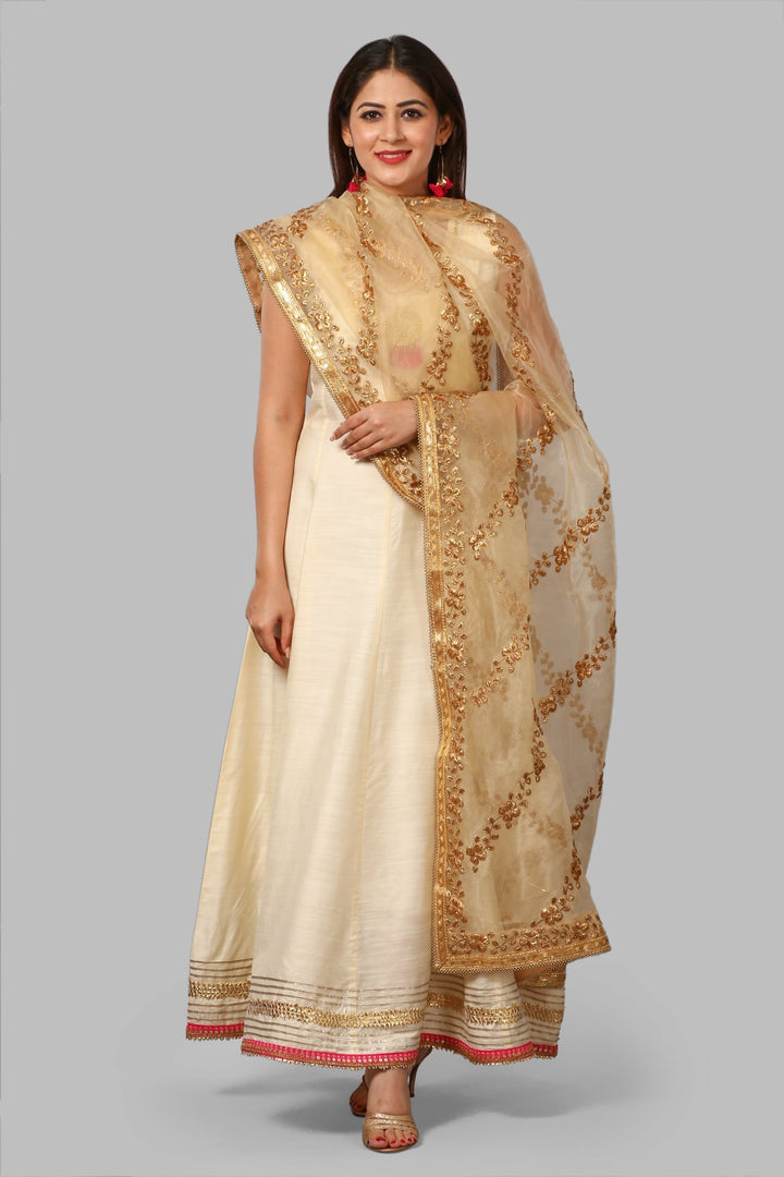 anokherang Combos Off-White Silk Gotta Floor Length Kurti with Gold Thread Floral Embroidered Dupatta