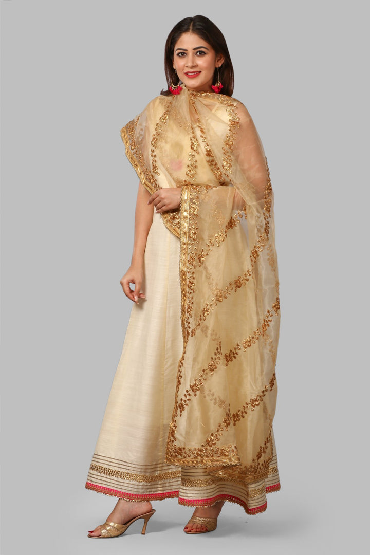 anokherang Combos Off-White Silk Gotta Floor Length Kurti with Gold Thread Floral Embroidered Dupatta