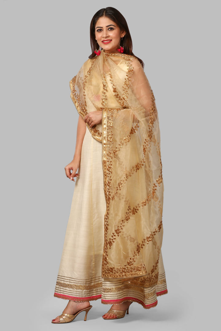 anokherang Combos Off-White Silk Gotta Floor Length Kurti with Gold Thread Floral Embroidered Dupatta