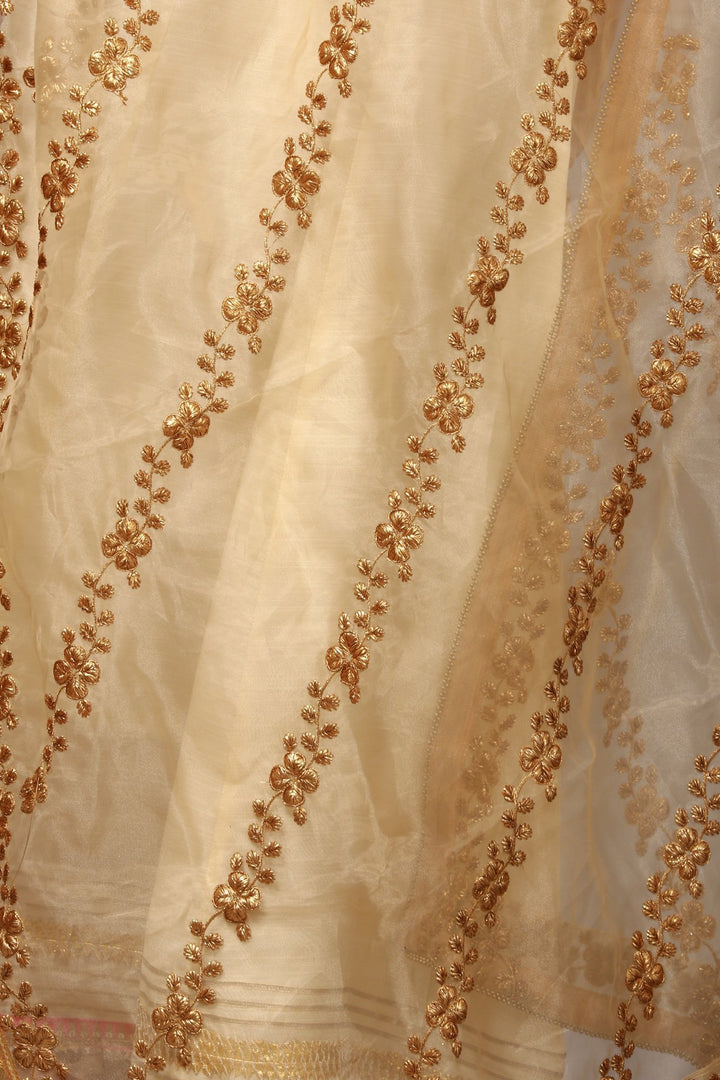 anokherang Combos Off-White Silk Gotta Floor Length Kurti with Gold Thread Floral Embroidered Dupatta