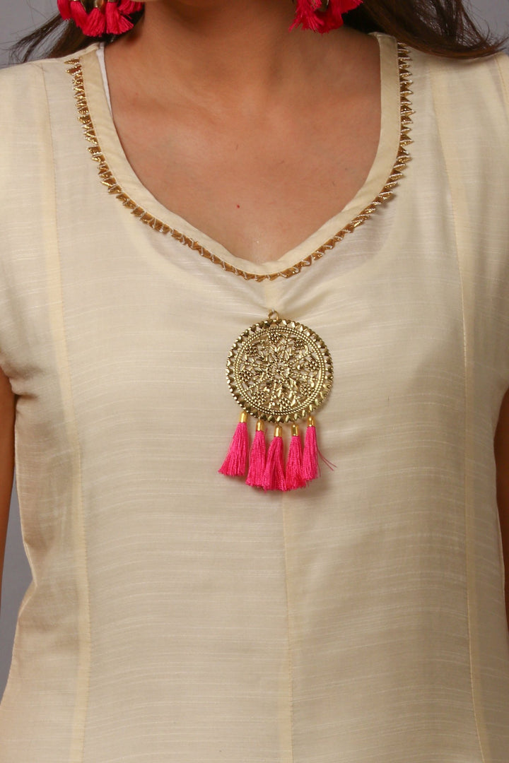 anokherang Combos Off-White Silk Gotta Floor Length Kurti with Gold Thread Floral Embroidered Dupatta