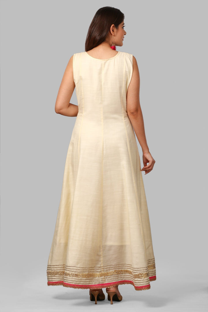anokherang Combos Off-White Silk Gotta Floor Length Kurti with Gold Thread Floral Embroidered Dupatta