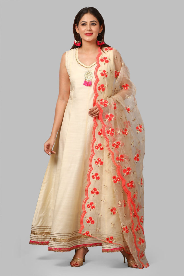 anokherang Combos Off-White Silk Gotta Floor Length Kurti with Hot Peach Embroidered Dupatta