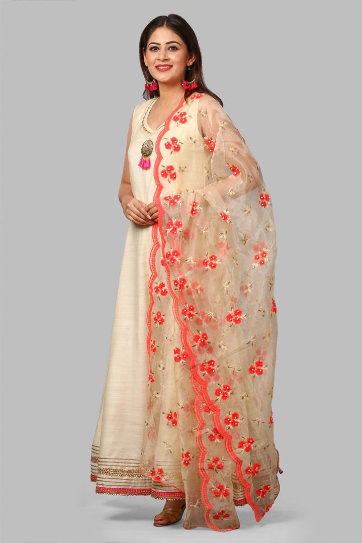 anokherang Combos Off-White Silk Gotta Floor Length Kurti with Hot Peach Embroidered Dupatta