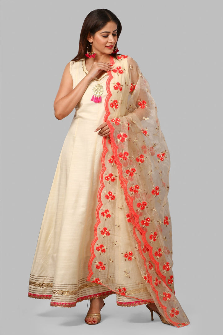 anokherang Combos Off-White Silk Gotta Floor Length Kurti with Hot Peach Embroidered Dupatta