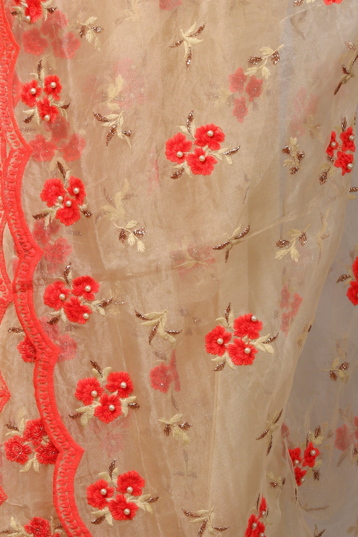 anokherang Combos Off-White Silk Gotta Floor Length Kurti with Hot Peach Embroidered Dupatta