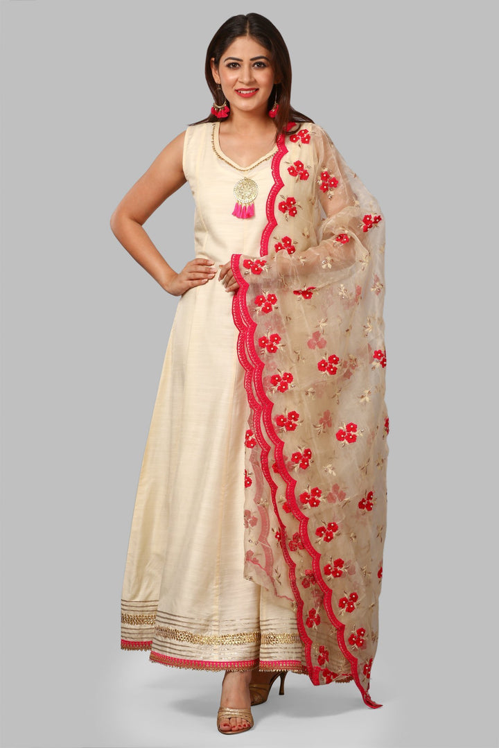 anokherang Combos Off-White Silk Gotta Floor Length Kurti with Hot Pink Embroidered Dupatta
