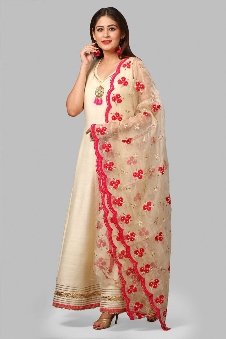 anokherang Combos Off-White Silk Gotta Floor Length Kurti with Hot Pink Embroidered Dupatta