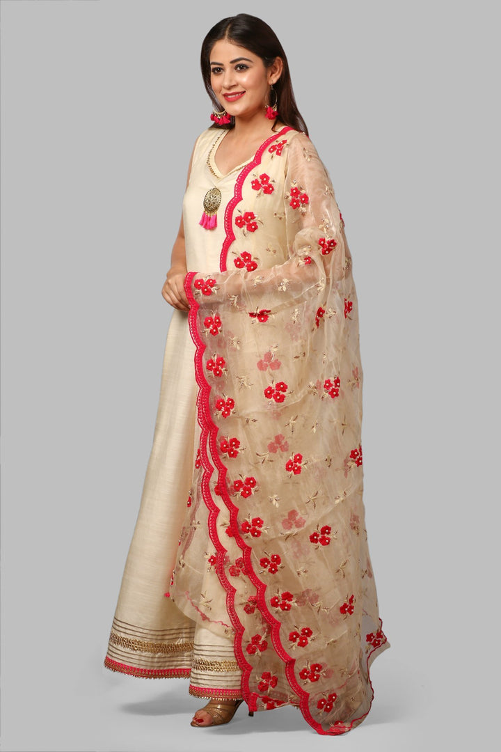 anokherang Combos Off-White Silk Gotta Floor Length Kurti with Hot Pink Embroidered Dupatta