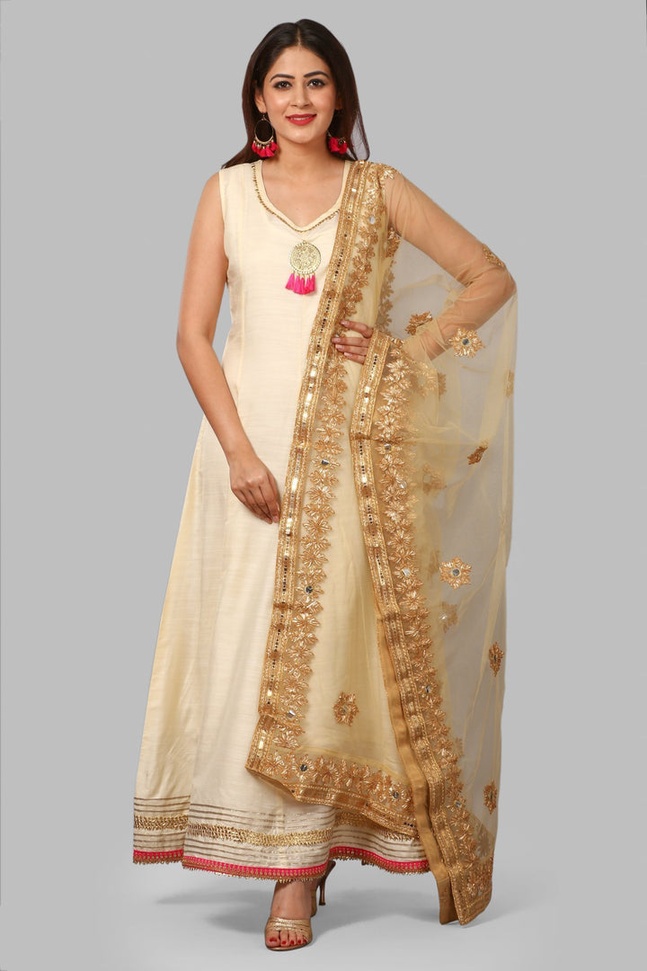 anokherang Combos Off-White Silk Gotta Floor Length Kurti with with Gold Gotta and Mirror Net Dupatta