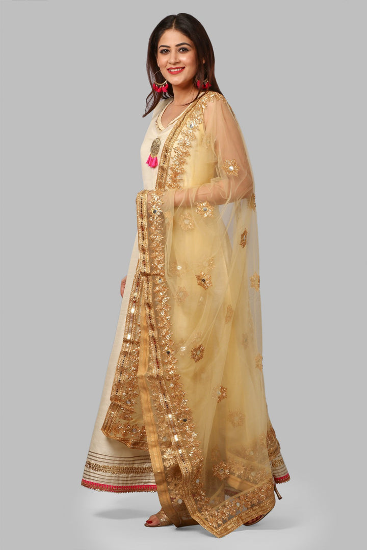 anokherang Combos Off-White Silk Gotta Floor Length Kurti with with Gold Gotta and Mirror Net Dupatta